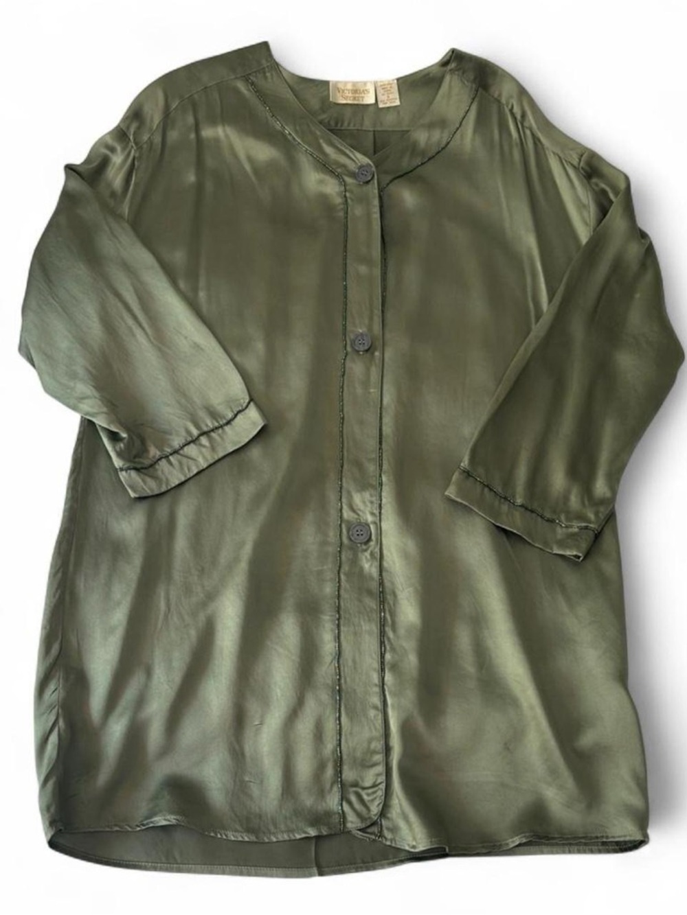 100% silk Victoria’s Secret gold label oversized button down beaded sleep shirt